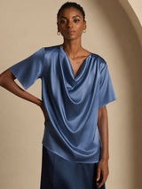[Real Teal] SilkSilky-AU Short Sleeve Cowl Neck Women's Blouse 005