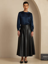 [Dark Blue] SilkSilky-AU 19Momme Long Sleeve Round Neck Blouse 007