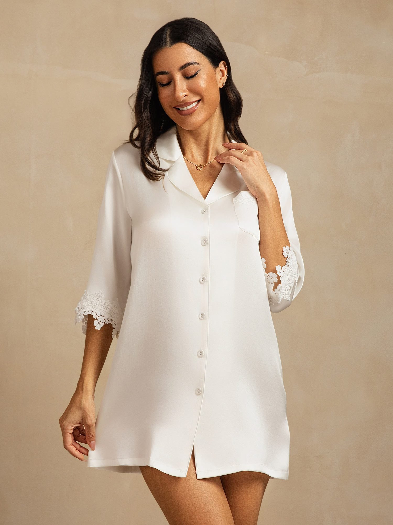 [White] SilkSilky-AU Pure Silk Lapel Collar Nightshirt 005