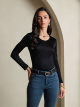 [Black] SilkSilky-AU Silk Jersey Long Sleeve Round Neck Women's T-Shirt 001