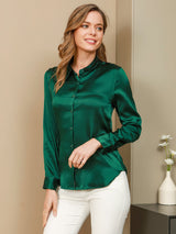 [Dark Green] SilkSilky-AU Long Sleeve Lapel Collar Women's Shirt 001