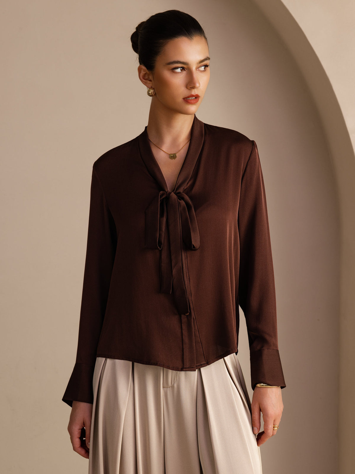 [Bitter Chocolate] SilkSilky-AU Long Sleeve Tie Neck Women's Blouse 001