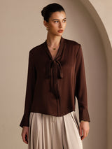 [Bitter Chocolate] SilkSilky-AU Long Sleeve Tie Neck Women's Blouse 001