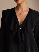 [Black] SilkSilky-AU Long Sleeve Deep V Neck Women's Blouse 005