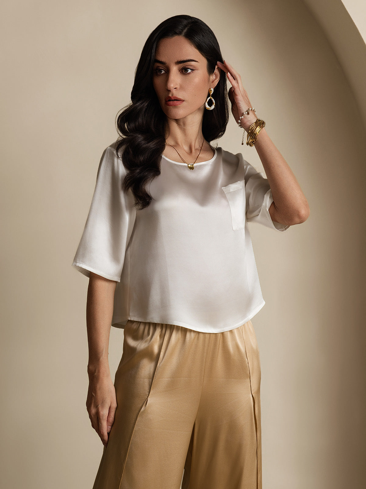 [White] SilkSilky-AU Pure Silk Boat Neck Women's T-Shirt 004