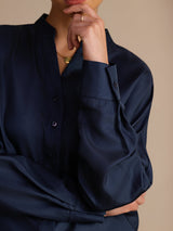 [Dark Blue] SilkSilky-AU Long Sleeve Split Women's Blouse 005