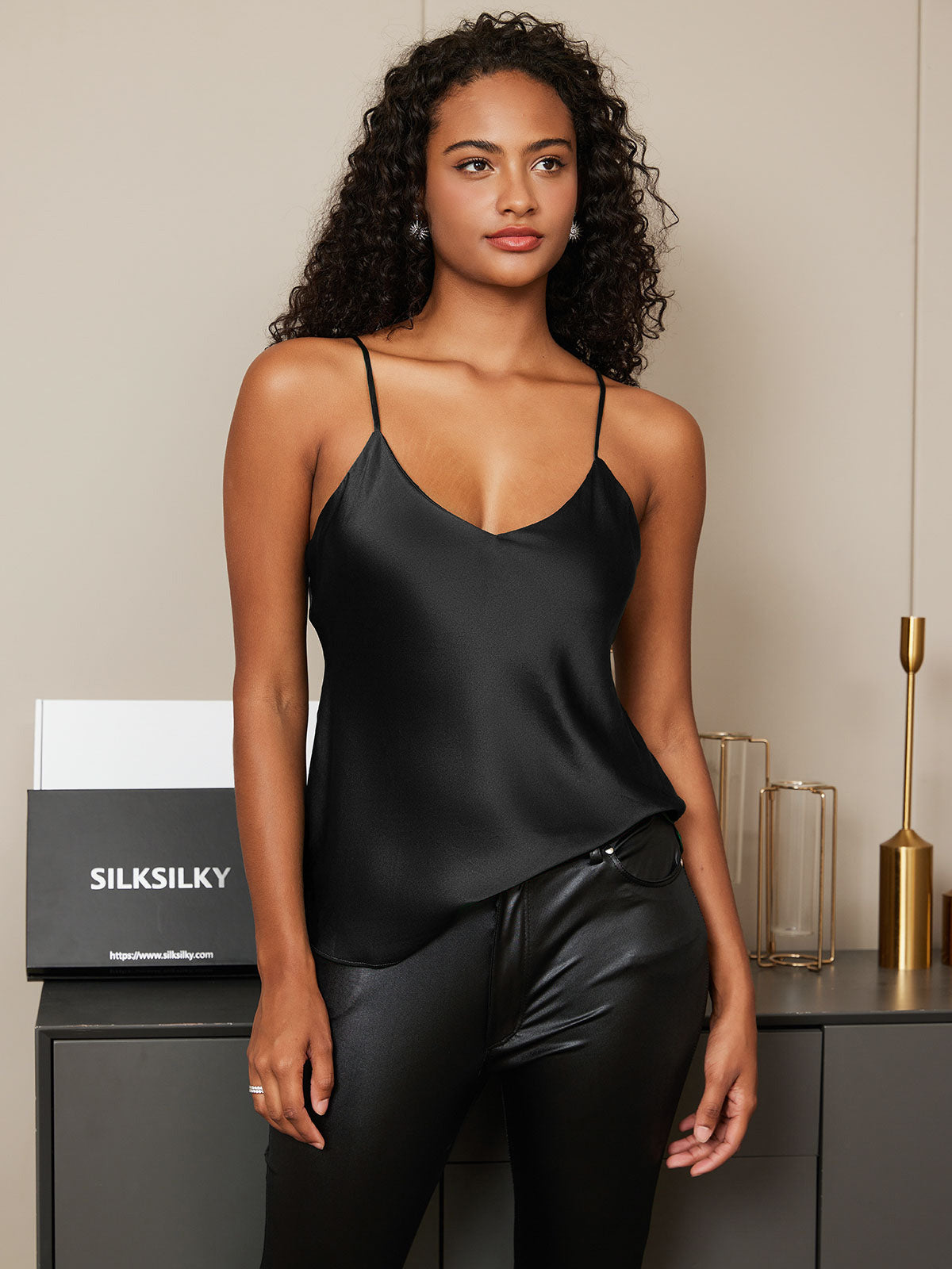 SilkSilky-AU Pure Silk Sleeveless V Neck Camisole Black 005