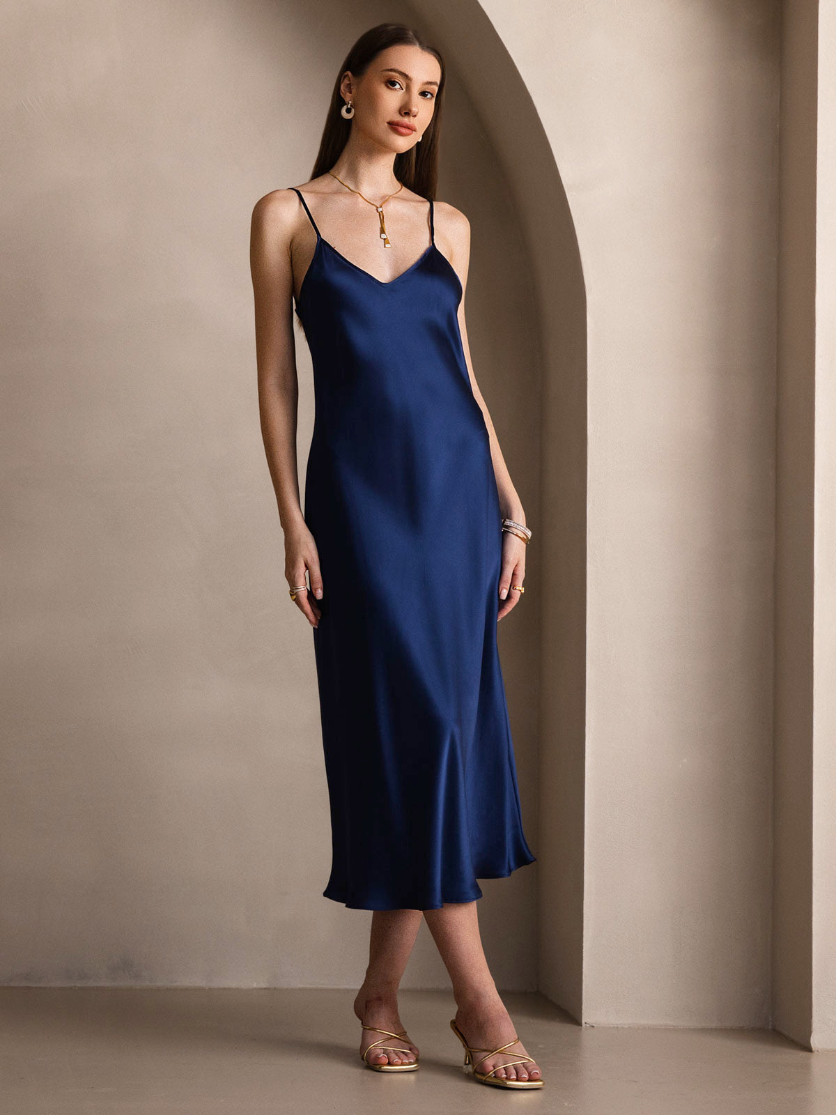 [Dark Blue] SilkSilky-AU Pure Silk Round Neck Dress 004