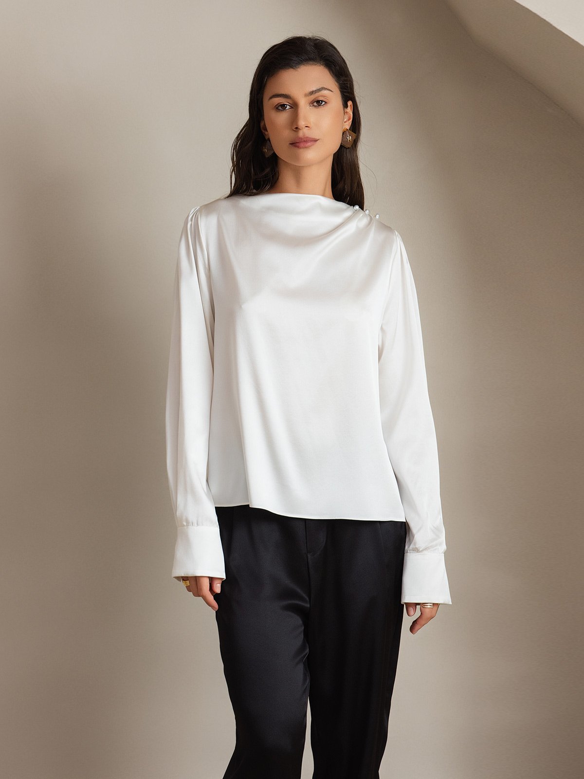[White] SilkSilky-AU 19Momme Silk Boat Neck Women's Shirt 006
