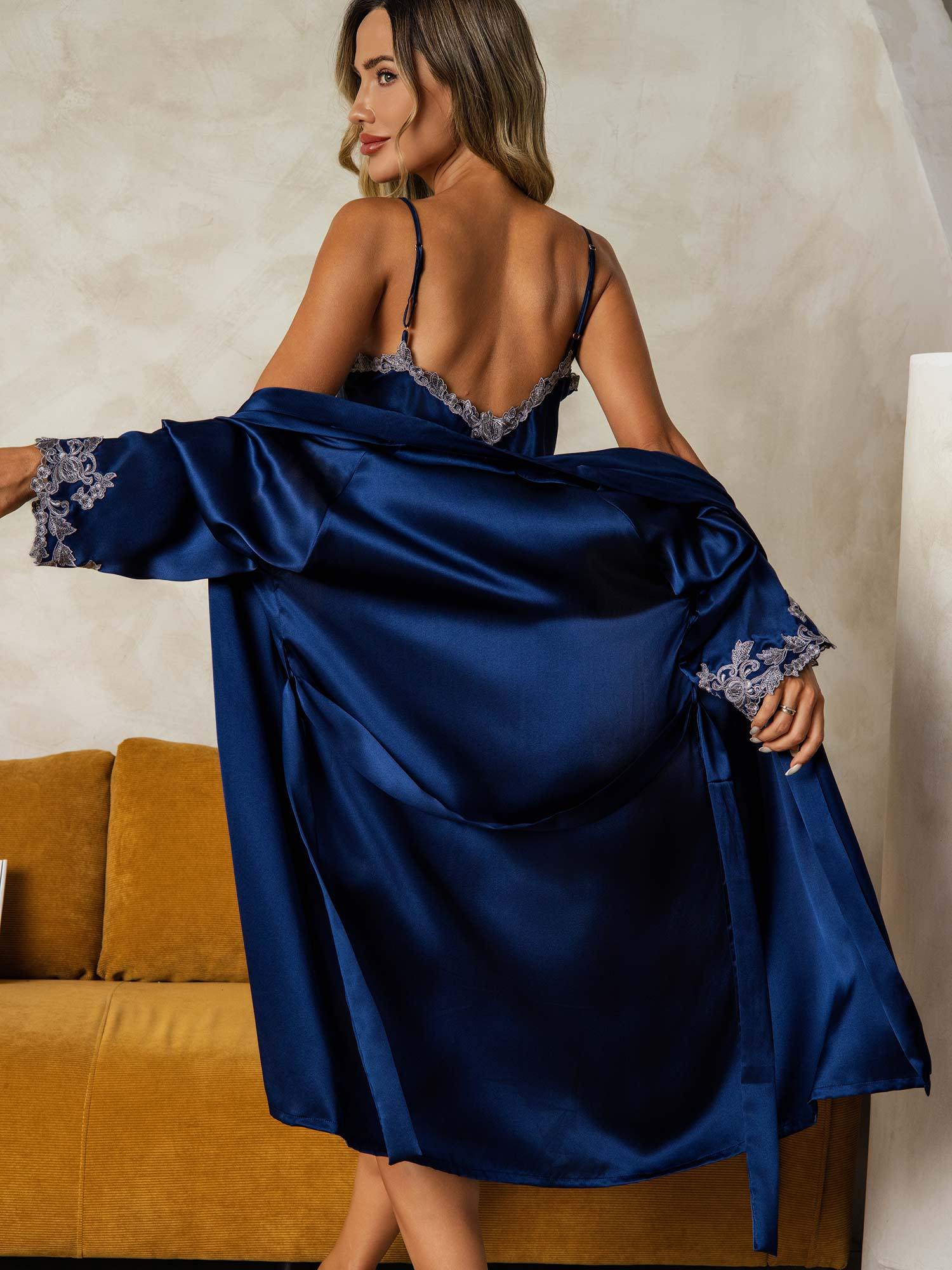 [DarkBlue] SilkSilky-AU Pure Silk V Neck Nightgown&Dressing Gown Set 002