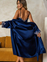 [Dark Blue] SilkSilky-AU 3/4 Sleeve V Neck Nightgown&Dressing Gown Set 002