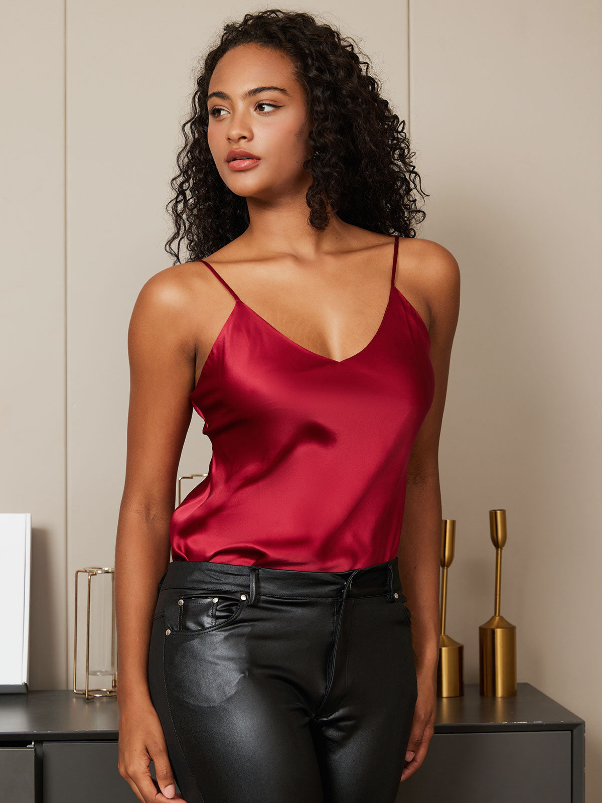 SilkSilky-AU Pure Silk Sleeveless V Neck Camisole DarkRed 002