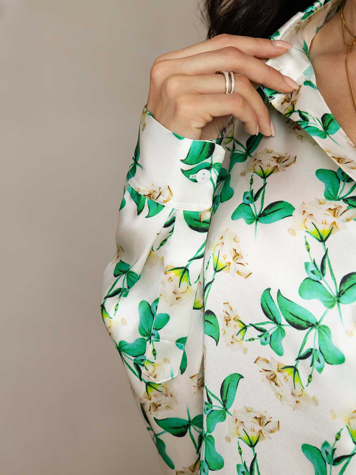 [Green Floral] SilkSilky-AU 19Momme Silk Lapel Collar Women''s Outfit Sets 005