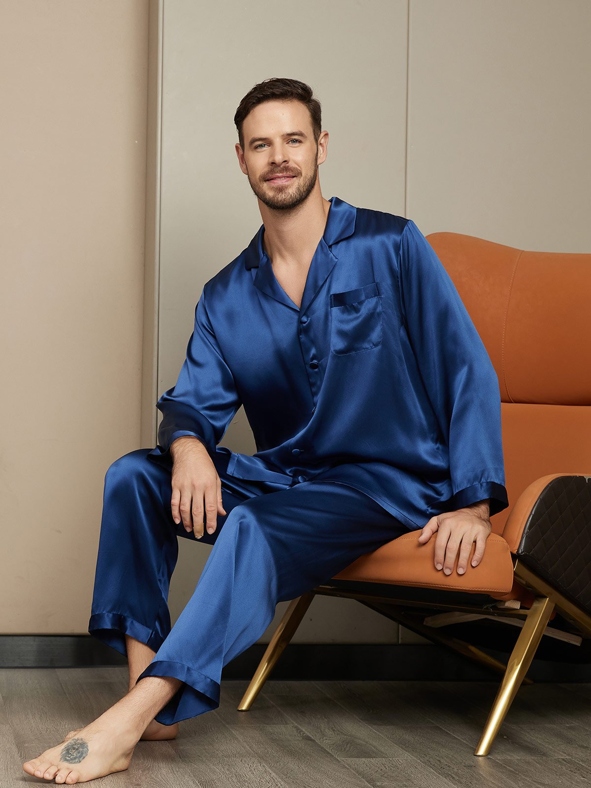 SilkSilky AU Pure Silk Long Sleeve Mens Pajamas DarkBlue 003