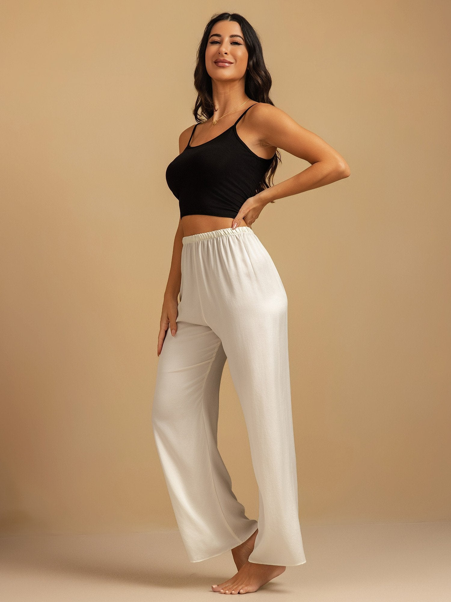 [White] SilkSilky-AU 19Momme Washable Silk Womens Sleep Bottoms 007,