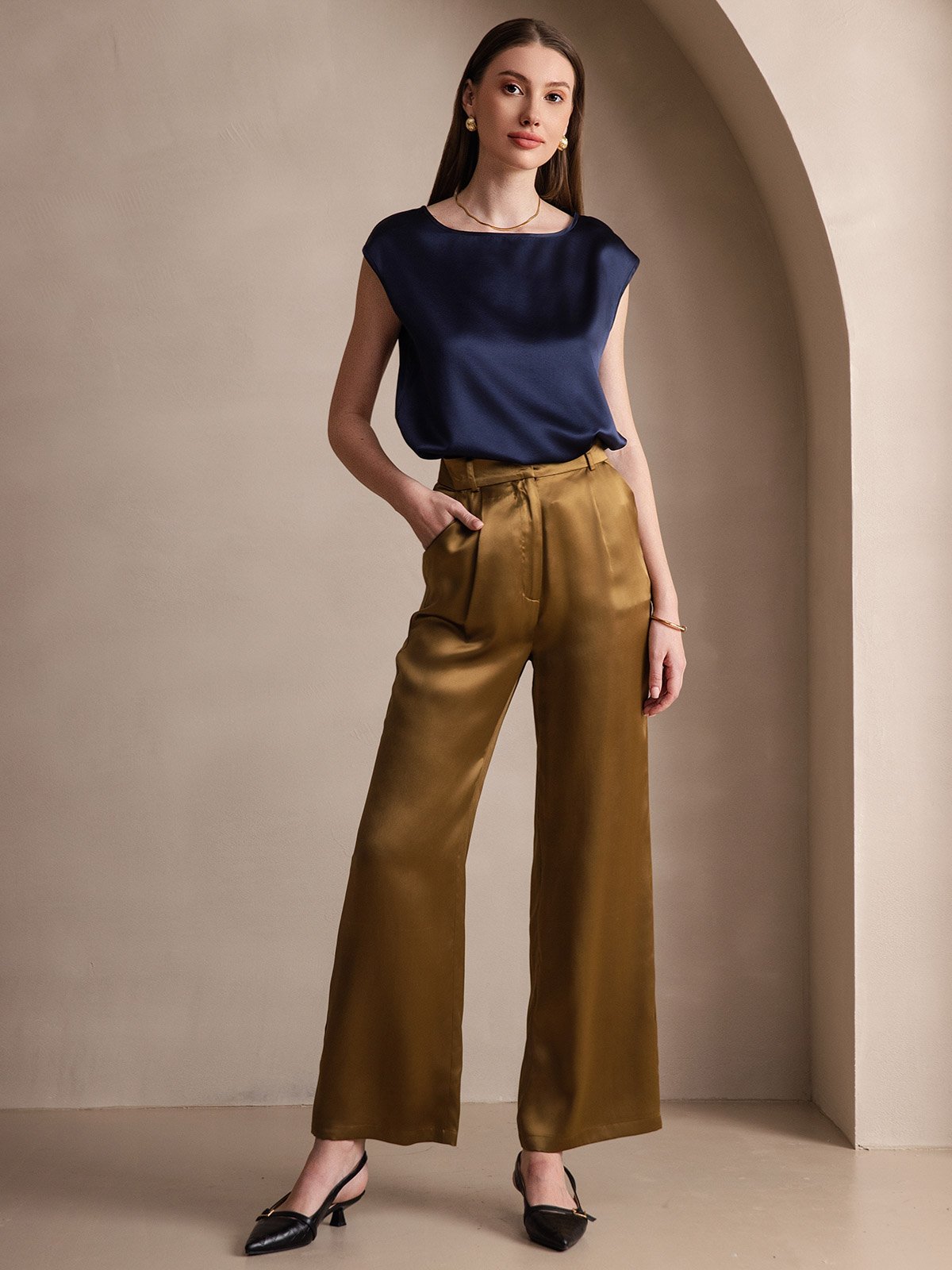 [Dark Blue] SilkSilky-AU 19Momme Stretch Silk Charmeuse Cap Sleeve Round Neck Women's T-Shirt 006