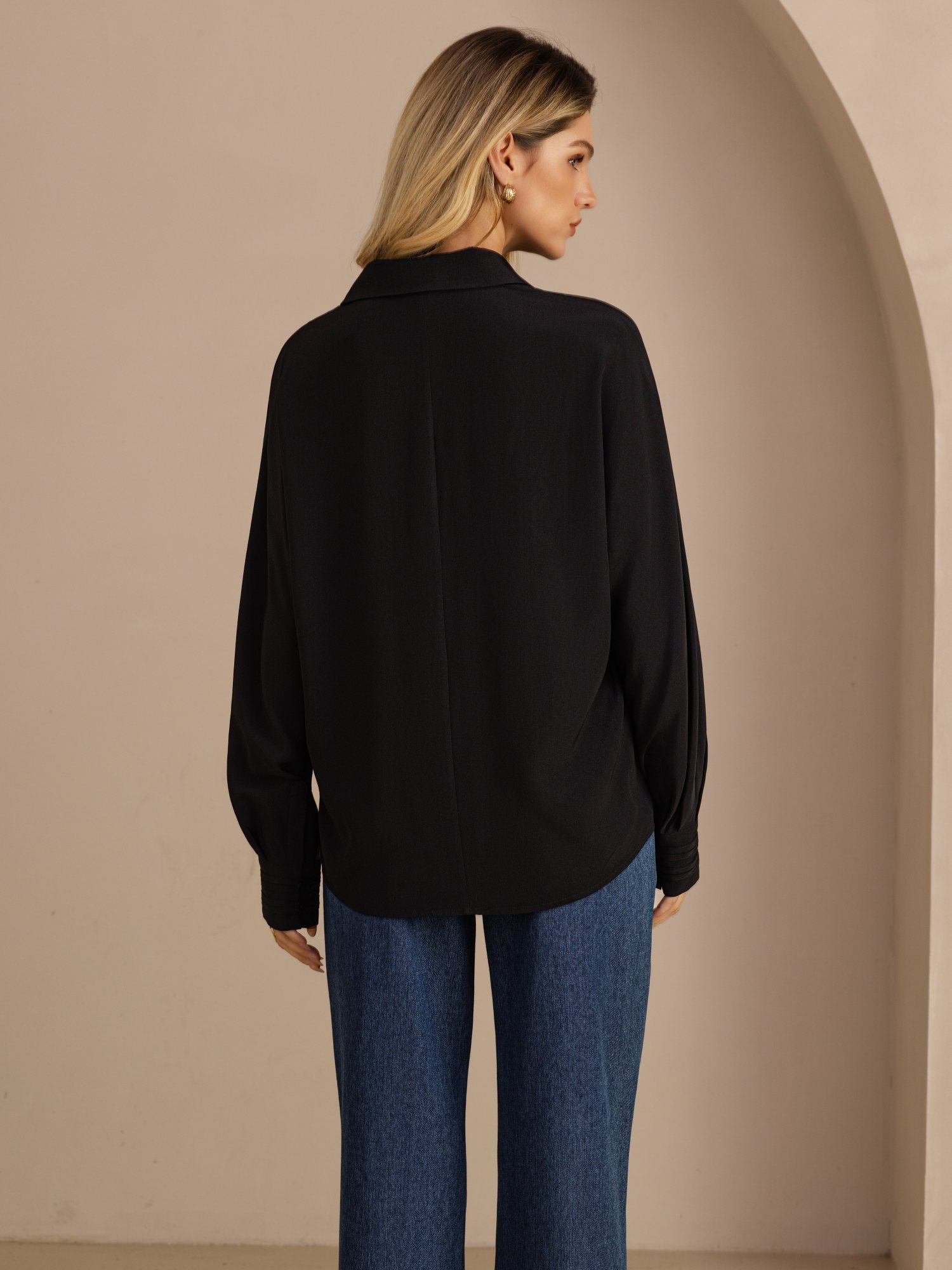 [Black] SilkSilky-AU Long Sleeve Lapel Collar Women's Shirt 002