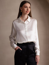 [White] SilkSilky-AU 19Momme Stretch Silk Charmeuse Long Sleeve Lapel Collar Women's Shirt 001