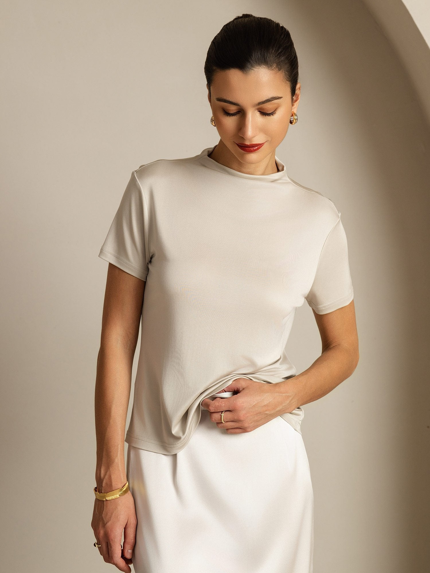 [Gray] SilkSilky-AU Pure Silk Collar Women's T-Shirt 005