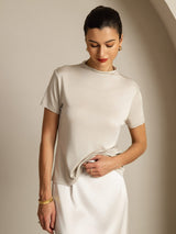 [Gray] SilkSilky-AU 100% Silk Jersey Short Sleeve Mock Neck Women's T-Shirt 005