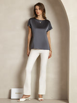 [Dark Gray] SilkSilky-AU 19Momme Stretch Silk Charmeuse Short Sleeve Boat Neck Women's T-Shirt 003