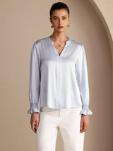 [Sky Blue] SilkSilky-AU Long Sleeve Split Women's Blouse 003
