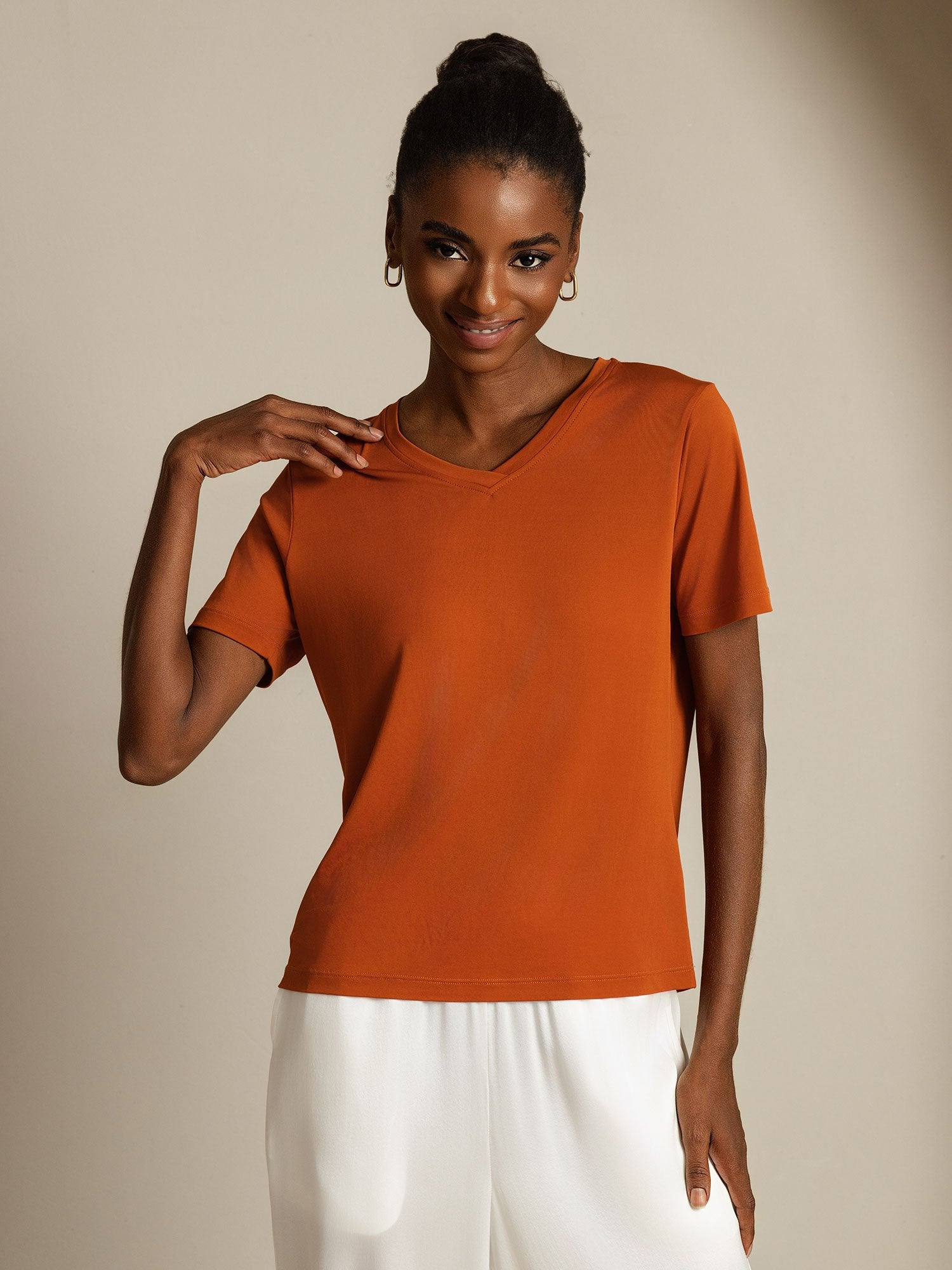 [Orange] SilkSilky-AU Pure Silk V Neck Women's T-Shirt 008
