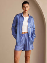 [Blue Pinstripe] SilkSilky-AU Long Sleeve Lapel Collar Women's Outfit Sets 001