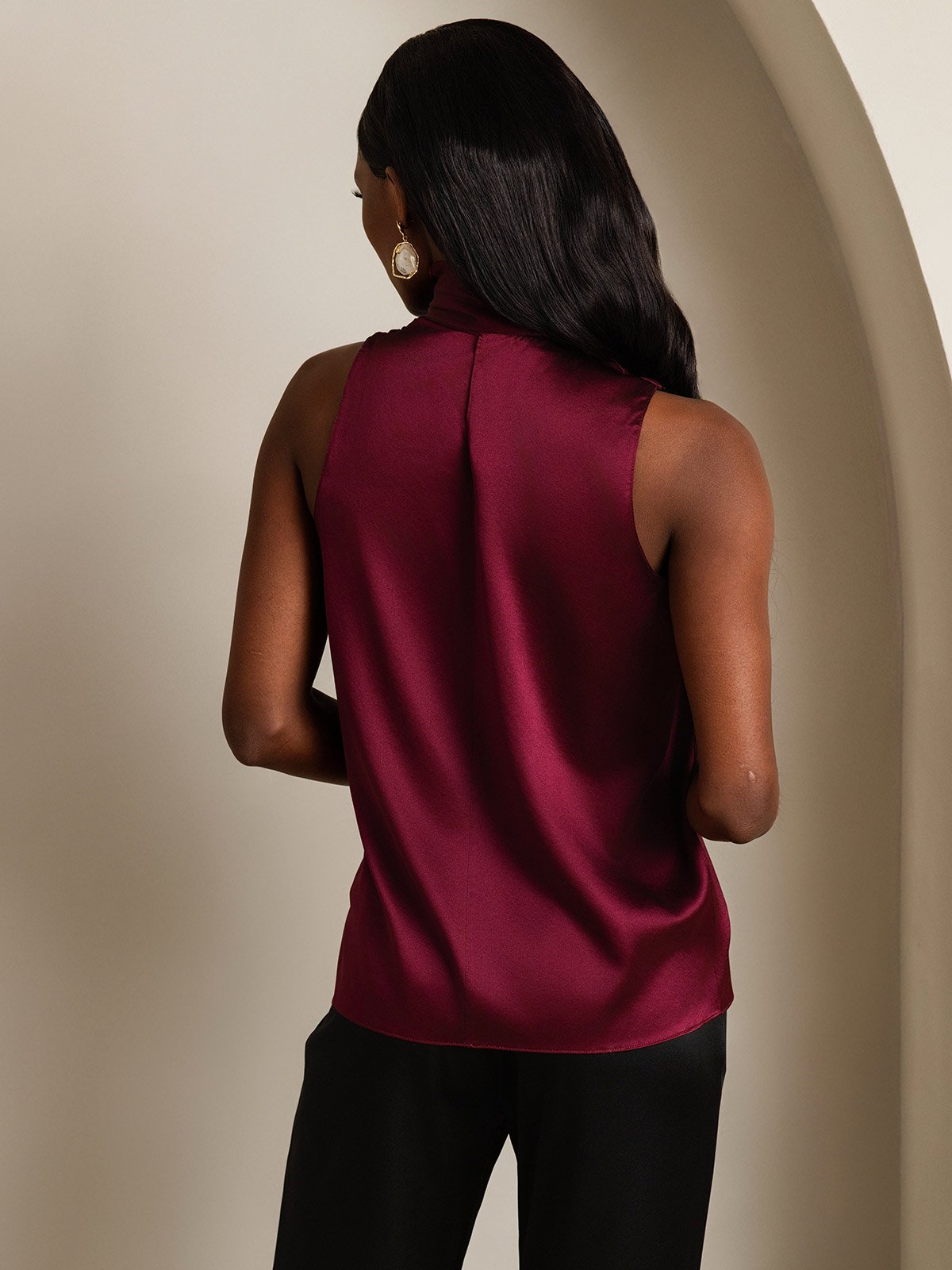 SilkSilky-AU 19Momme Silk Tie Neck Women's Shirt DarkRed 002