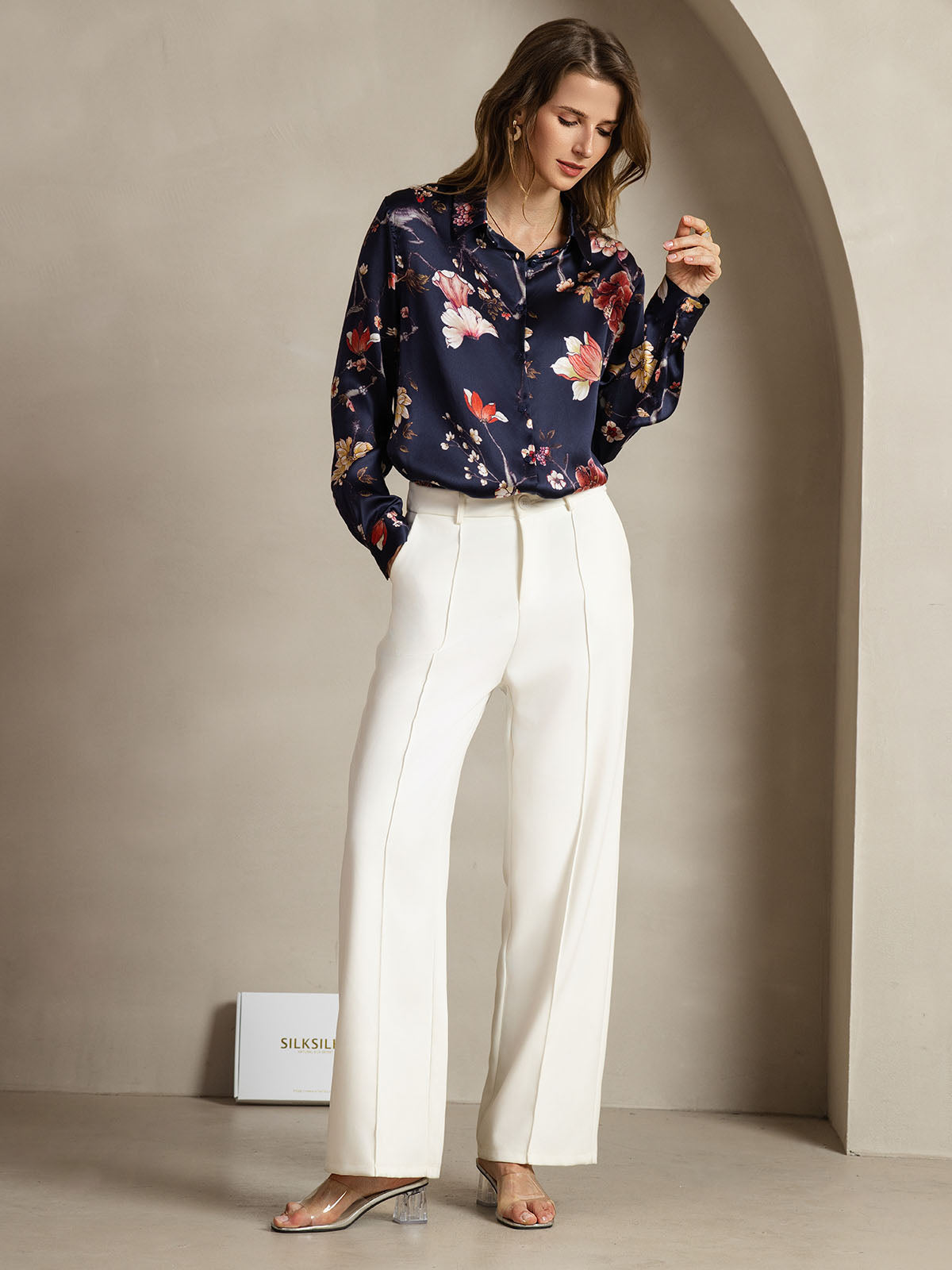 [Navy Floral] SilkSilky-AU Silk Lapel Collar Women's Shirt 006