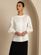 [White] SilkSilky-AU 19Momme Long Sleeve Round Neck Blouse 001