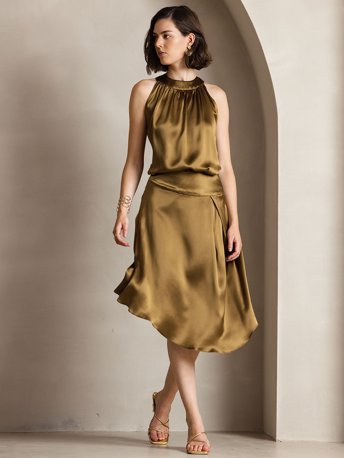 [Brown] SilkSilky-AU 19Momme Silk Sleeveless Halter Neck Women's T-Shirt 006