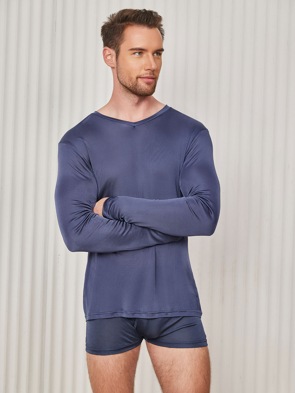 SilkSilky AU Silk Knitted Long Sleeve V Neck Men's T Shirt DarkBlue 001