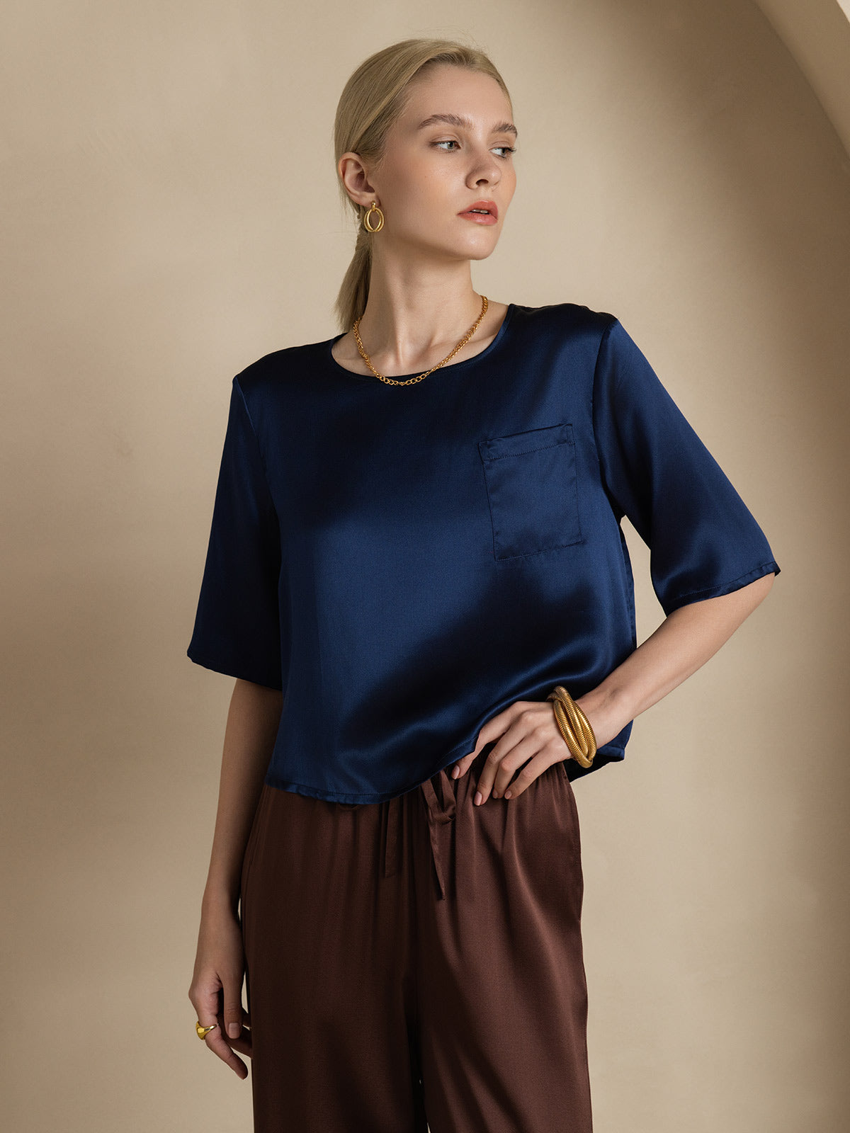 [Dark Blue] SilkSilky-AU Pure Silk Boat Neck Women's T-Shirt 004
