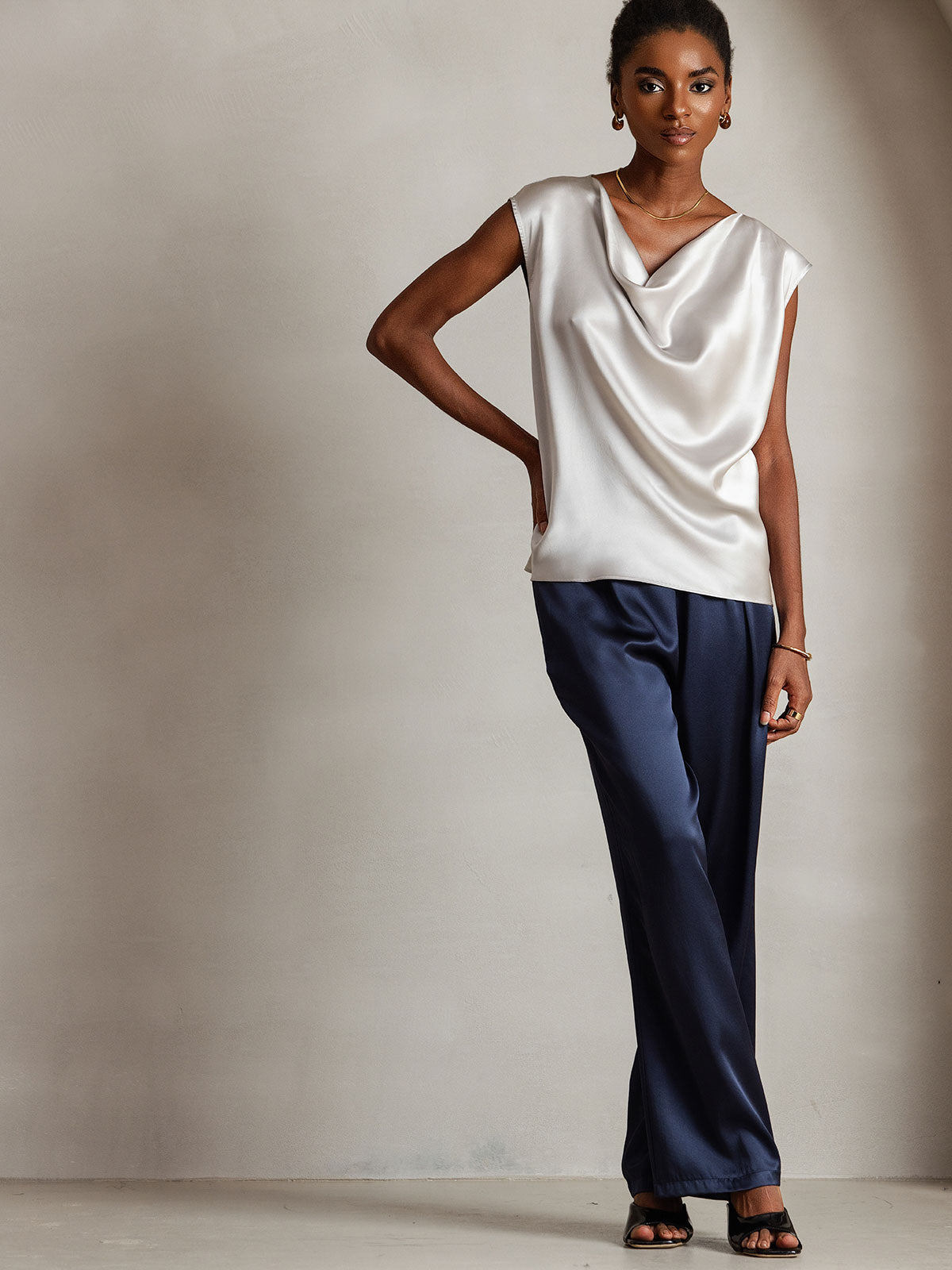 [Light Gray] SilkSilky-AU 19Momme Silk Sleeveless Cowl Neck Women's T-Shirt 003