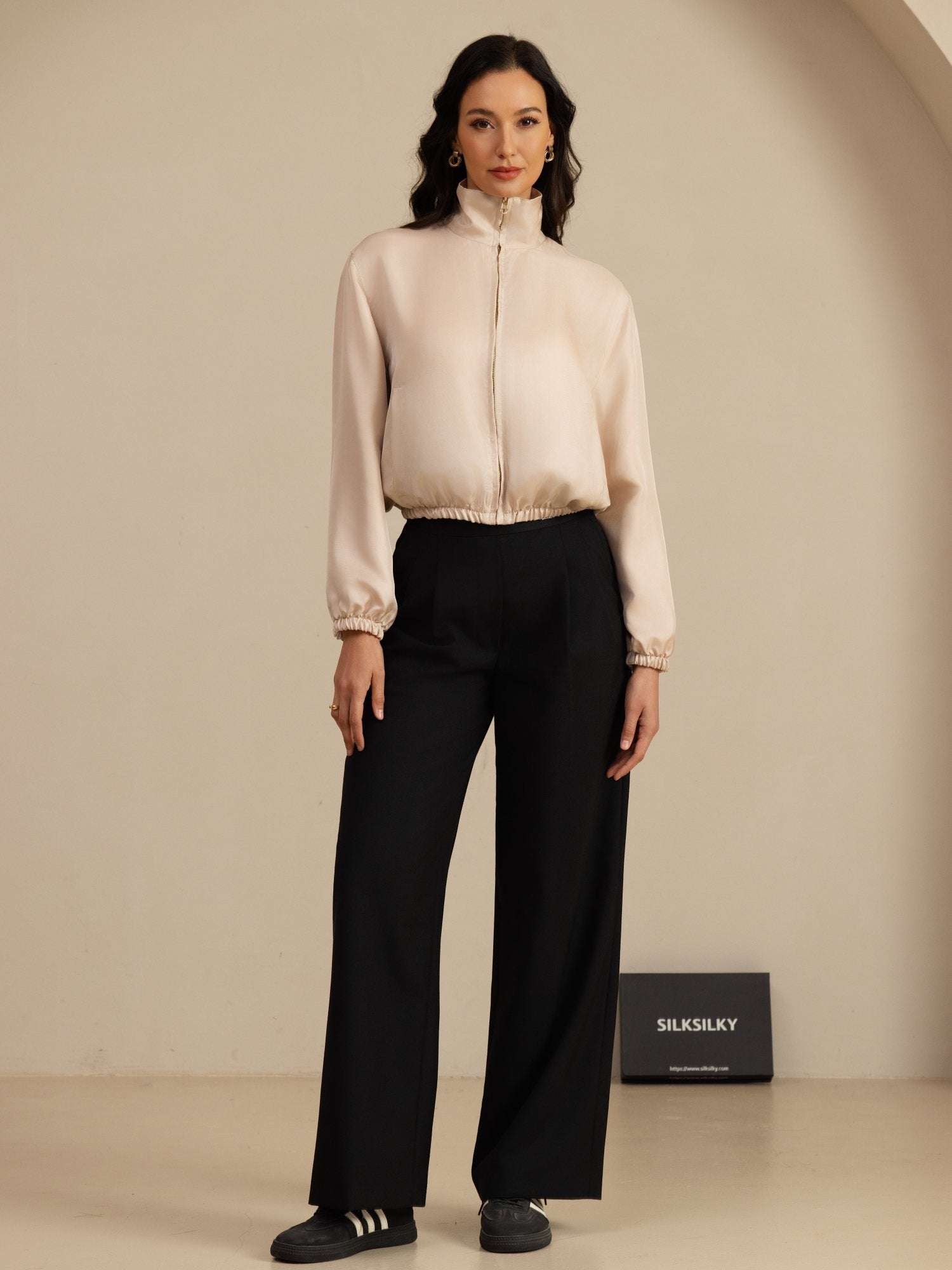 [Tan+Pink] SilkSilky-AU 18Momme Silk Satin Surah Long Sleeve Stand Collar Women's Outerwear 007