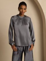 [Dark Gray] SilkSilky-AU 19Momme Stretch Silk Charmeuse Long Sleeve Round Neck Blouse 001