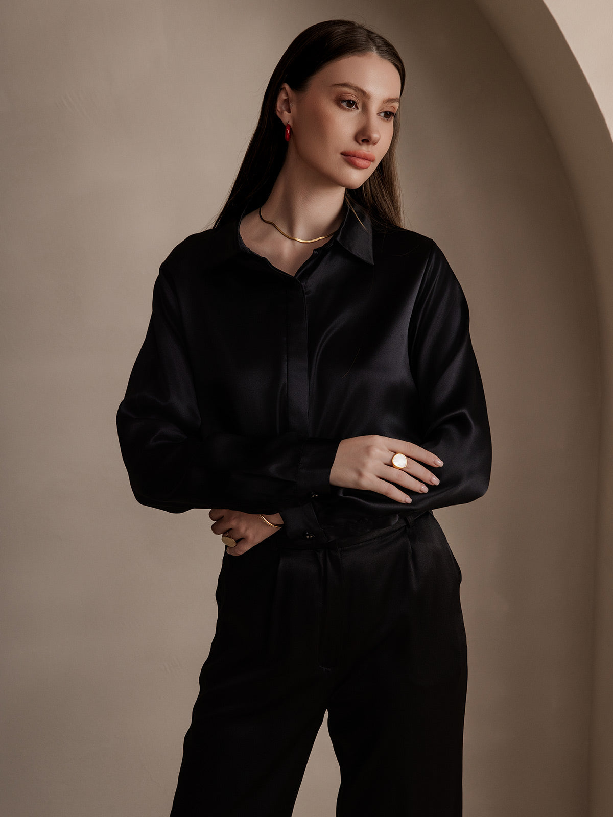 SilkSilky-AU 19Momme Silk Long Sleeve Collar Women's Shirt Black 003