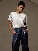 [Light Gray] SilkSilky-AU 19Momme Stretch Silk Charmeuse Short Sleeve Boat Neck Women's T-Shirt 003