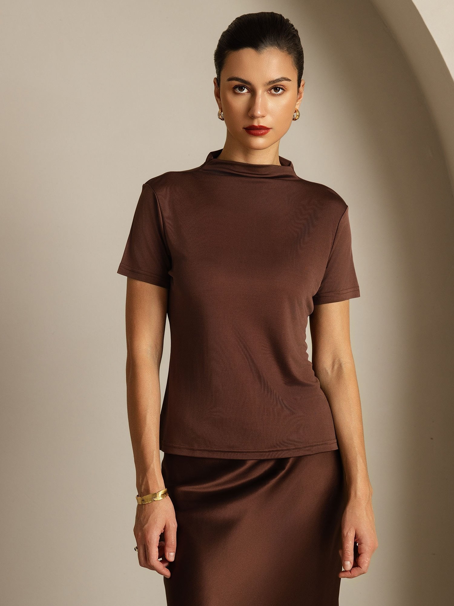 [Coffee] SilkSilky-AU Pure Silk Collar Women's T-Shirt 003