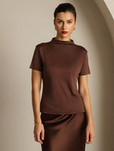[Coffee] SilkSilky-AU 100% Silk Jersey Short Sleeve Mock Neck Women's T-Shirt 003