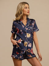 [Navy Floral] SilkSilky-AU Short Sleeve Notch Collar Women's Pyjamas 001