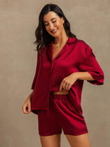 [Wine] SilkSilky-AU 19Momme Machine-Washable Silk Half Sleeve Notch Collar Women's Pyjamas 007