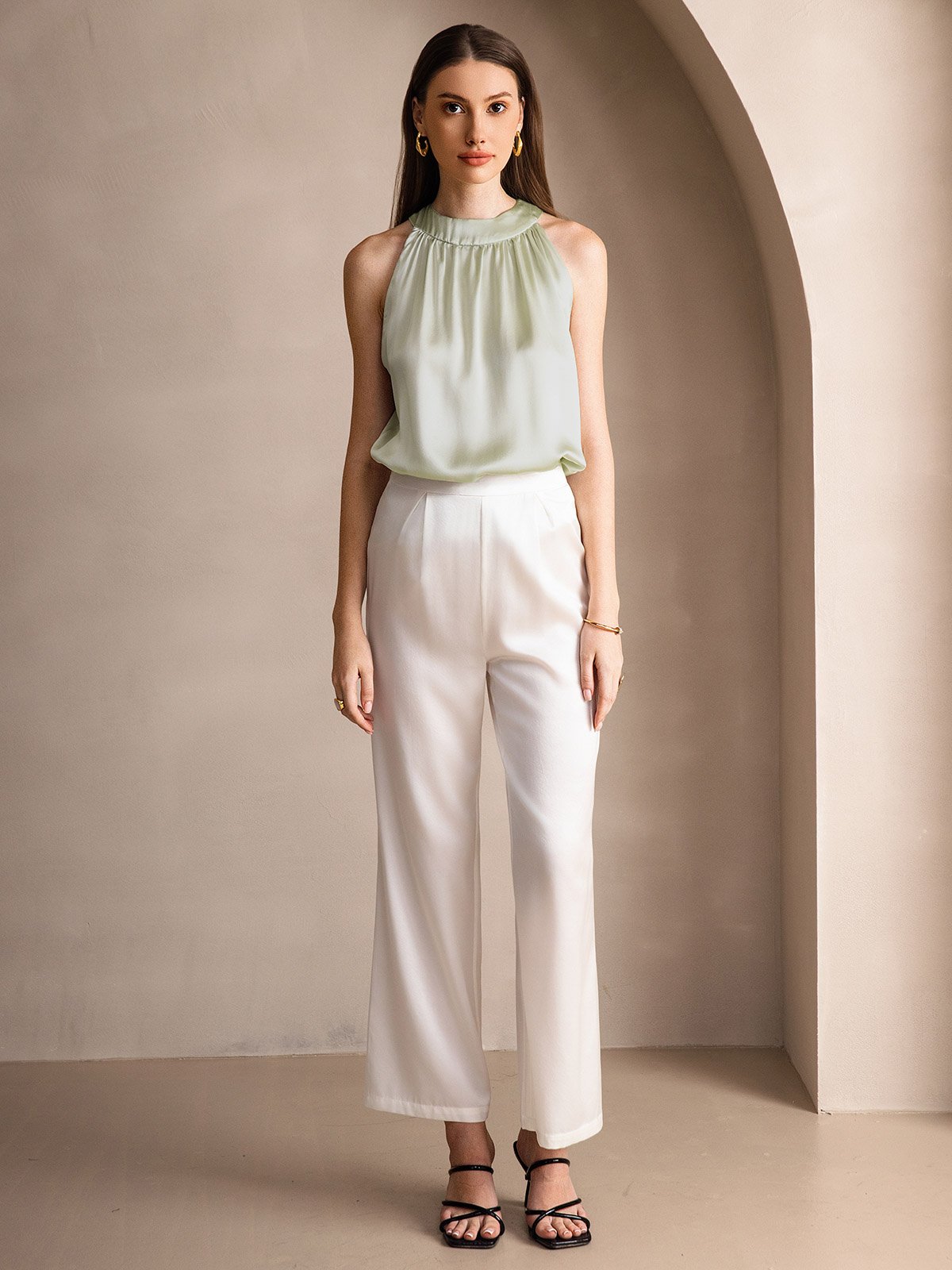 [Light Green] SilkSilky-AU 19Momme Silk Sleeveless Halter Neck Women's T-Shirt 006