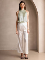 [Light Green] SilkSilky-AU 19Momme Stretch Silk Charmeuse Sleeveless Halter Women's T-Shirt 006