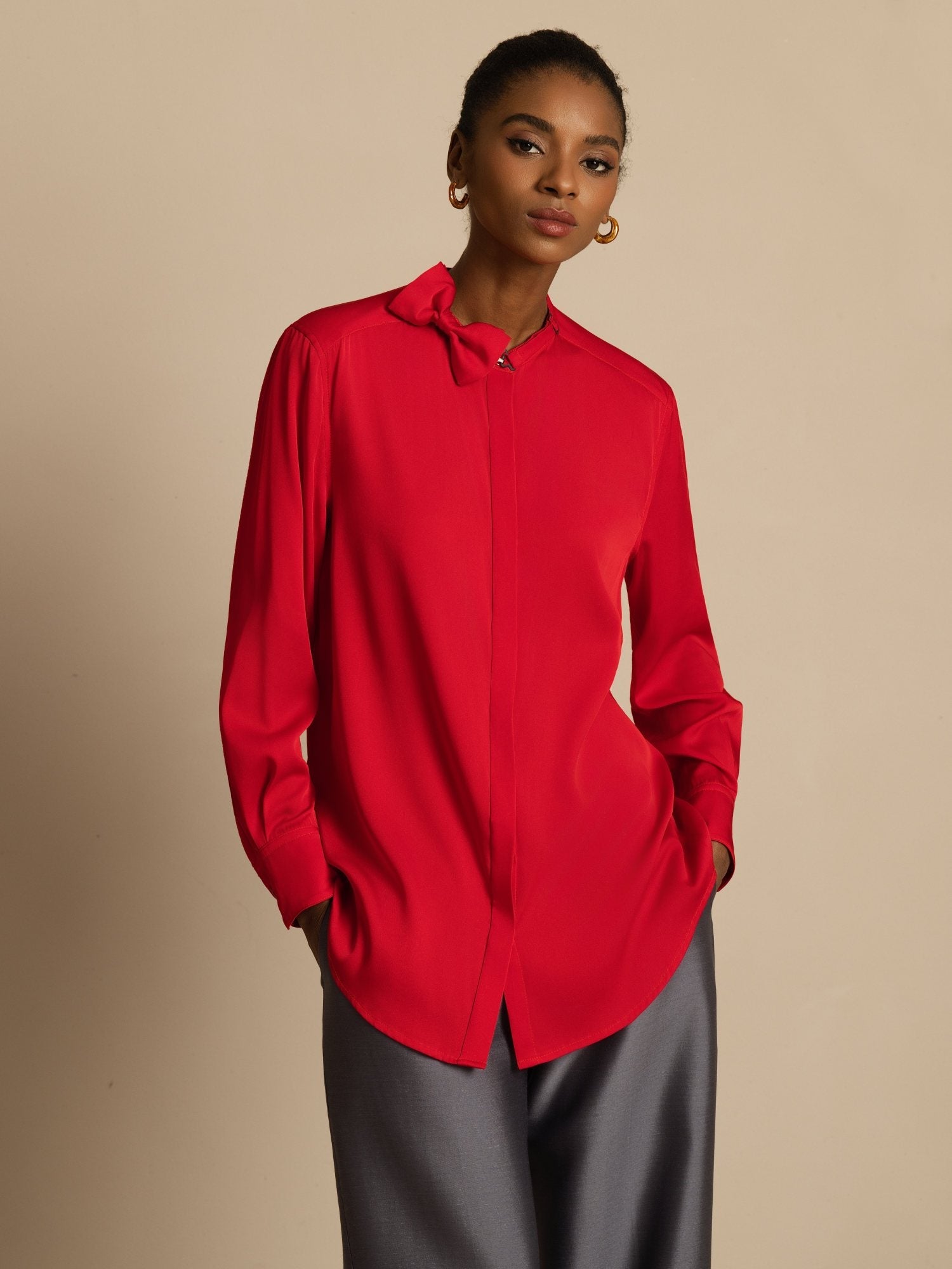 [Wine] SilkSilky-AU 19Momme Stretch Silk Double Georgette Long Sleeve Stand Collar Blouse 001