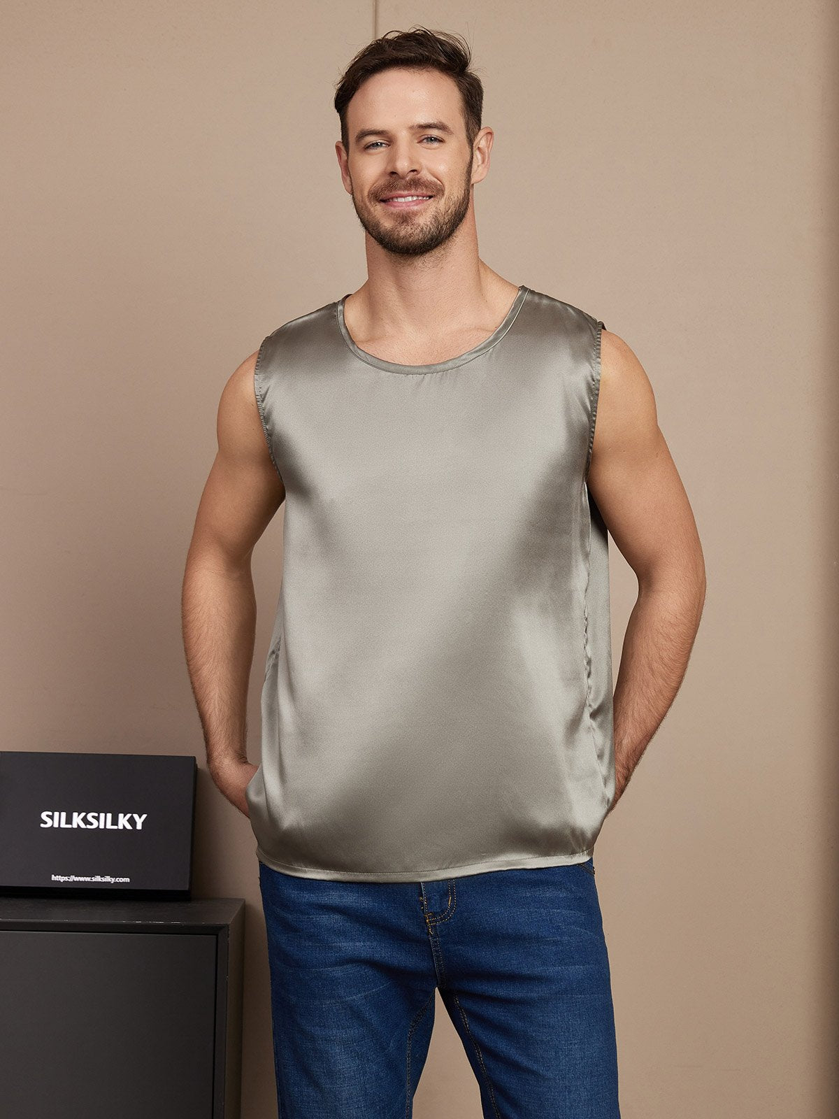 SilkSilky AU Pure Silk Sleeveless Mens T Shirt GrayishGreen 001