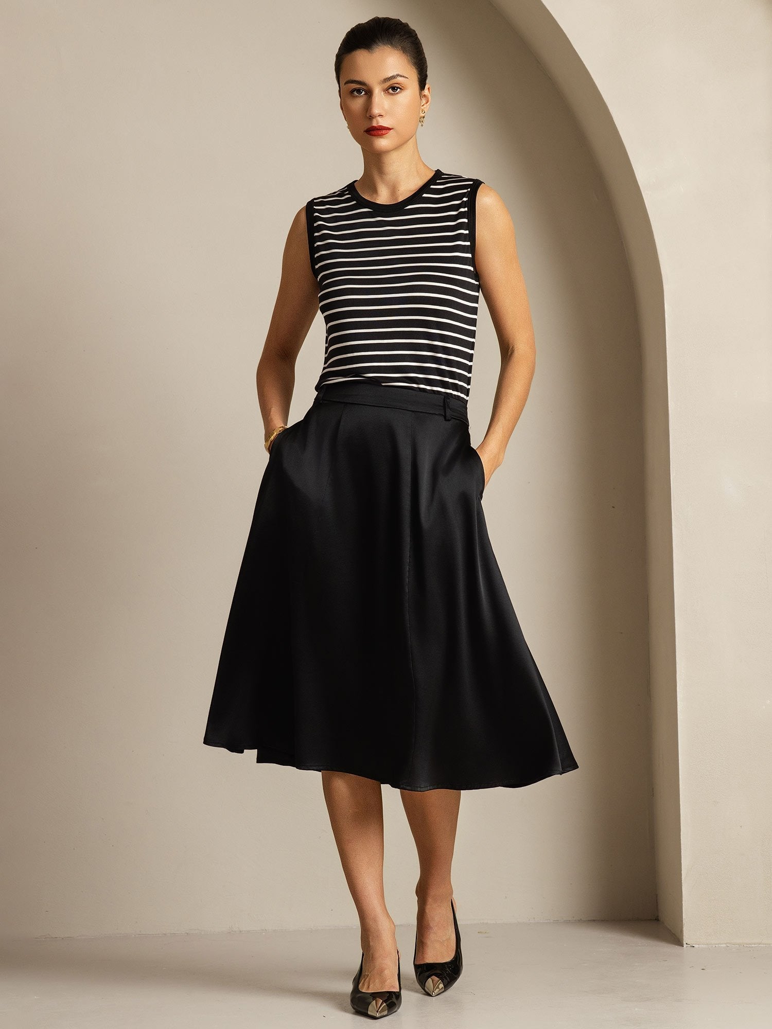 [Black Stripe] SilkSilky-AU Pure Silk Sleeveless Round Neck Camisole 007