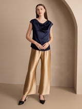 [Dark Blue] SilkSilky-AU Cap Sleeve Cowl Neck Women's T-Shirt 005