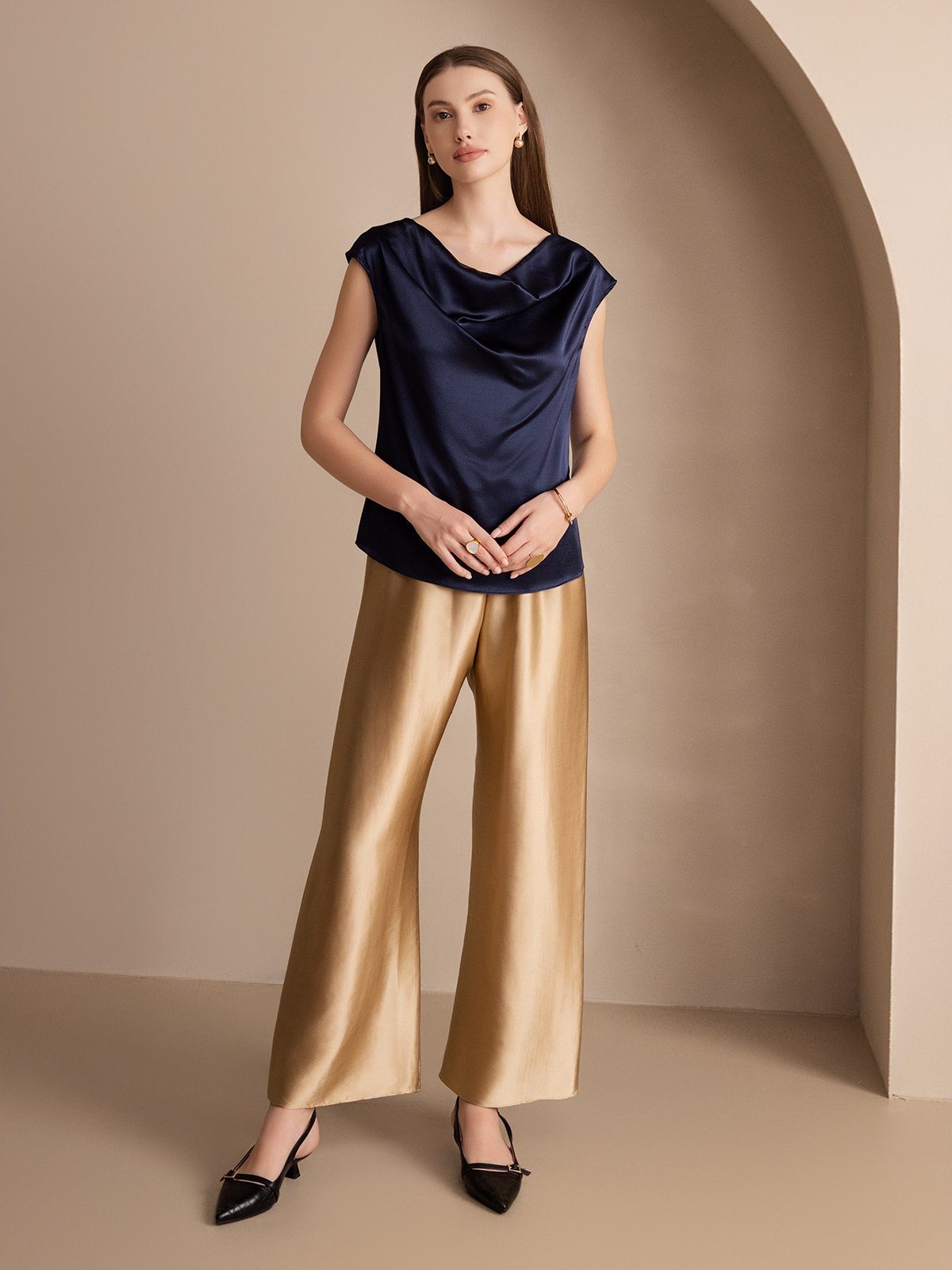 [Dark Blue] SilkSilky-AU 19Momme Silk Sleeveless Cowl Neck Women's T-Shirt 005